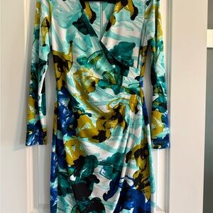 Calvin Klein Long Sleeve Wrap Dress in Teal, Blue and Gold